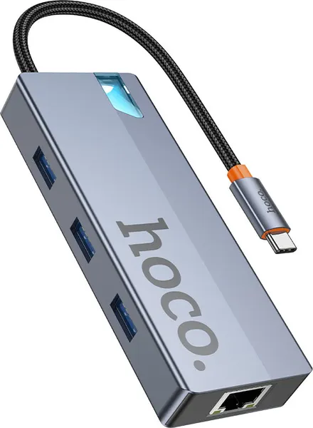 Изображение товара Док-станция для ноутбука Hoco HB51 6в1 Type-C - HDTV+RJ45+PD+USB3.0x3 (глубокий космический серый)