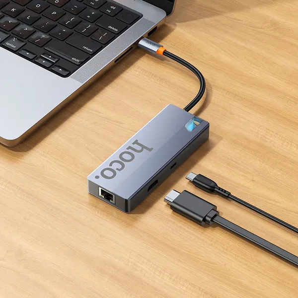 Изображение товара Док-станция для ноутбука Hoco HB51 6в1 Type-C - HDTV+RJ45+PD+USB3.0x3 (глубокий космический серый)