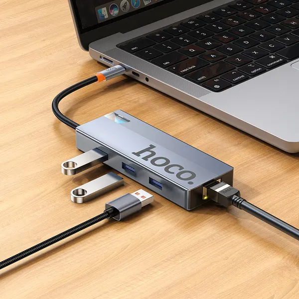 Изображение товара Док-станция для ноутбука Hoco HB51 6в1 Type-C - HDTV+RJ45+PD+USB3.0x3 (глубокий космический серый)