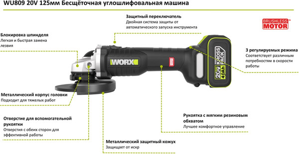 Изображение товара Профессиональная угловая шлифмашина Worx WU809.3