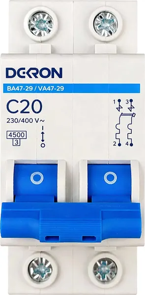 Изображение товара Выключатель автоматический DEKRON ВА47-29 2P С20A 4.5кА / mcb29-2-C20-dek