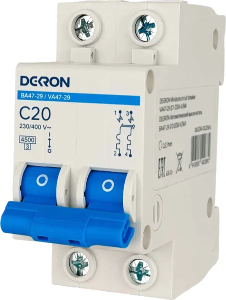 Изображение товара Выключатель автоматический DEKRON ВА47-29 2P С20A 4.5кА / mcb29-2-C20-dek
