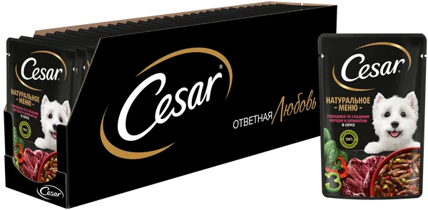 Изображение товара Влажный корм для собак Cesar с говядиной, паприкой, шпинатом в соусе (80г)