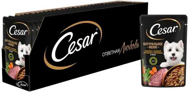 Изображение товара Влажный корм для собак Cesar желе с индейкой, горохом и морковью (80г)