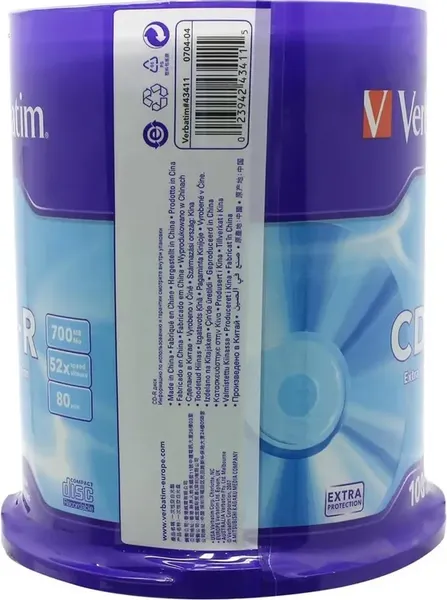 Изображение товара Набор дисков CD-R Verbatim 700МБ 52x / 43430 (100шт, Cake Box)