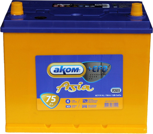 Изображение товара Автомобильный аккумулятор AKOM Asia EFB L+ 750A (75 А/ч)