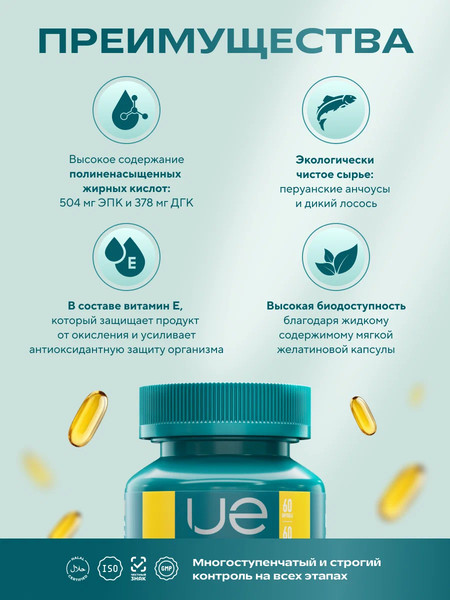 Изображение товара Жирные кислоты UESUPPS Ультра Энерджи Мега Омега-3 (60 капсул)