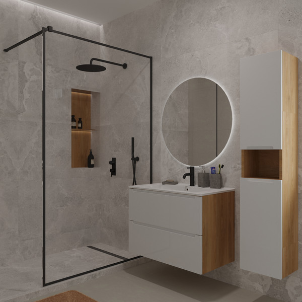 Изображение товара Тумба с умывальником ЗОВ Дион 70 / D70LHO0M9003GKV5 + Oliveeka Flow F70W (белый глянцевый/дуб)