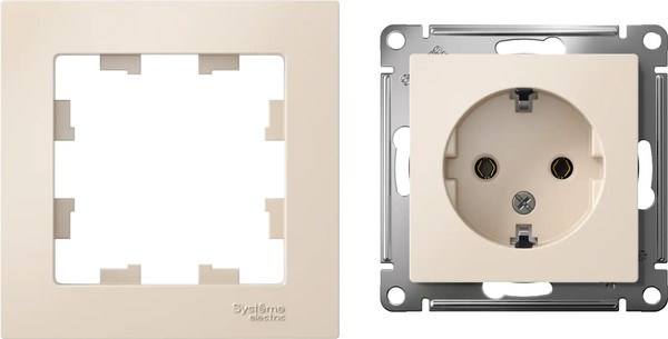 Изображение товара Розетка с рамкой Systeme (Schneider) Electric AtlasDesign ATN000243 с заземлением + ATN000201 (бежевый/бежевый)