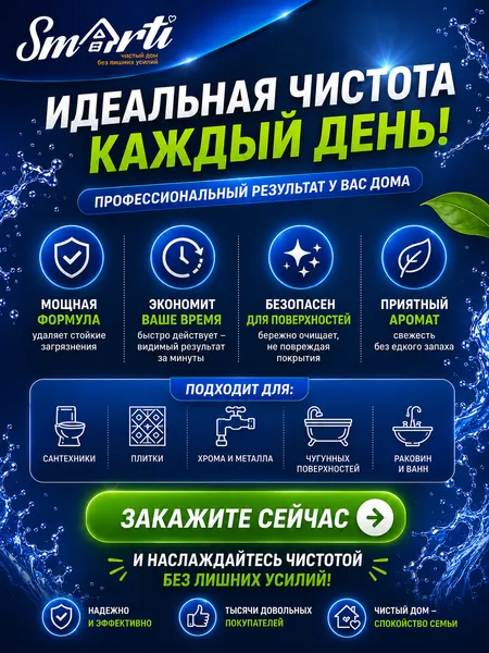 Изображение товара Чистящее средство для ванной комнаты Smarti Антиналет-гель с антимикробным эффектом (1л)