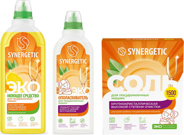 Изображение товара Набор для посудомоечных машин Synergetic Гель 1л + Соль 1.5кг + Ополаскиватель 0.75л