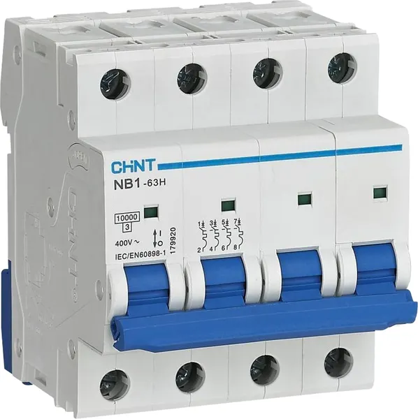 Изображение товара Выключатель автоматический Chint NB1-63H 4P 20A 10кА D (R) / 179926