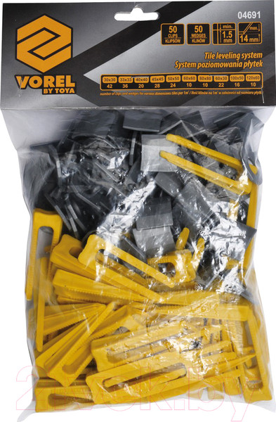 Изображение товара Система выравнивания плитки Vorel Клин 1.5мм + Клипса / 04691 (50шт+50шт)