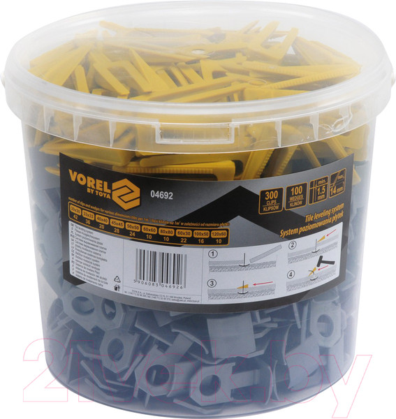 Изображение товара Система выравнивания плитки Vorel Клин 1.5мм + Клипса / 04692 (100шт+300шт)