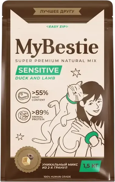 Сухой корм для кошек MyBestie Сенситив Утка с ягненком (1.5кг)