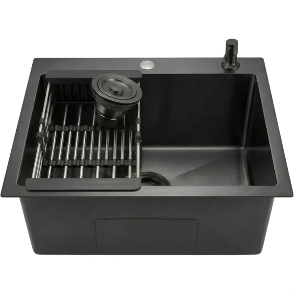 Мойка кухонная Wisent 6050B-114 / WS-36050B/W02-114B (с сифоном, дозатором и коландером)