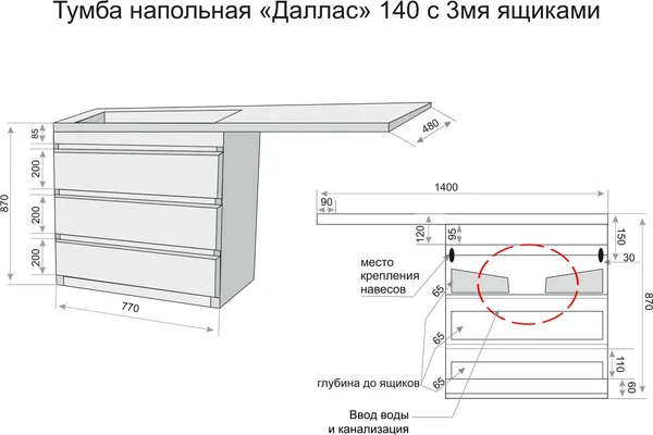 Изображение товара Тумба под умывальник Symbolite Даллас 140 Люкс Plus 3 ящика (серый)
