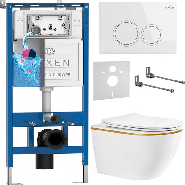 Изображение товара Инсталляция с подвесным унитазом Roxen StounFix Dual Fresh 966602 (с креплениями, шумоизоляционной плитой, аромадозатором и кнопкой смыва)