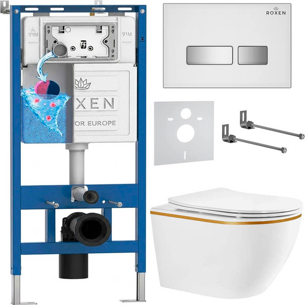 Изображение товара Инсталляция с подвесным унитазом Roxen StounFix Dual Fresh 966611 (с креплениями, шумоизоляционной плитой, аромадозатором и кнопкой смыва)