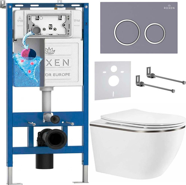 Изображение товара Инсталляция с подвесным унитазом Roxen StounFix Dual Fresh 966621 (с креплениями, шумоизоляционной плитой, аромадозатором и кнопкой смыва)