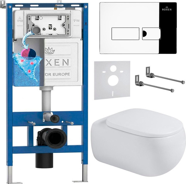 Изображение товара Инсталляция с подвесным унитазом Roxen StounFix Dual Fresh 967203 (с креплениями, шумоизоляционной плитой, аромадозатором и кнопкой смыва)