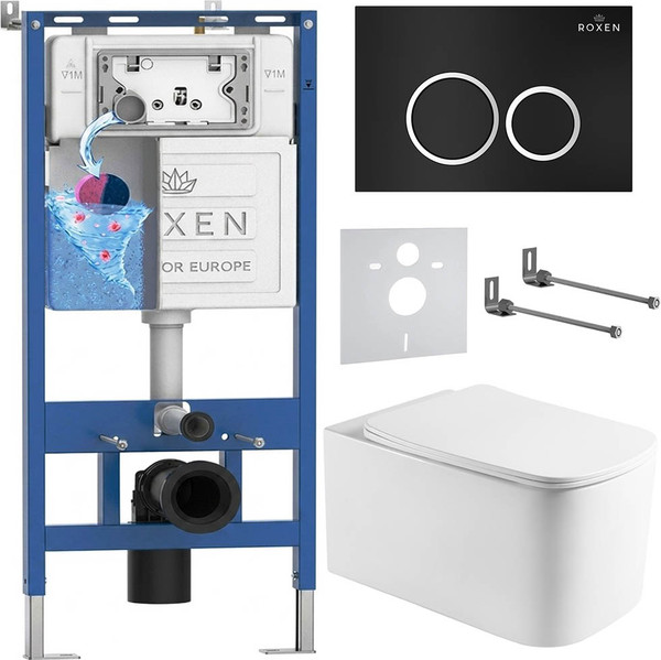 Изображение товара Инсталляция с подвесным унитазом Roxen StounFix Dual Fresh 967242 (с креплениями, шумоизоляционной плитой, аромадозатором и кнопкой смыва)
