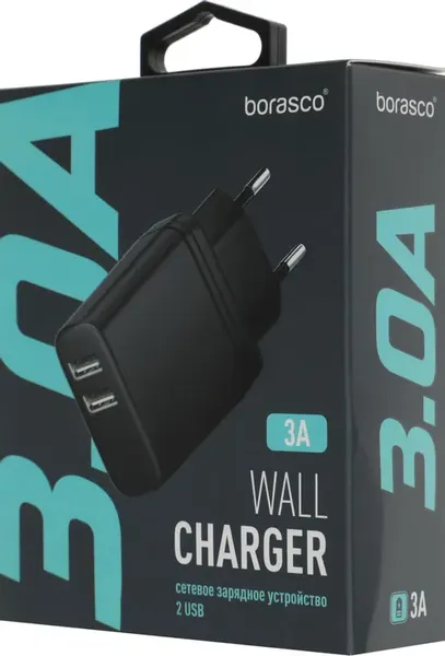 Изображение товара Адаптер питания сетевой BoraSCO 2xUSB-A 15Вт 3A / 52583 (черный)