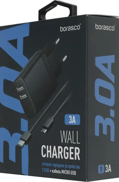 Изображение товара Зарядное устройство сетевое BoraSCO 2xUSB-A microUSB 15Вт 3A / 52579 (черный)