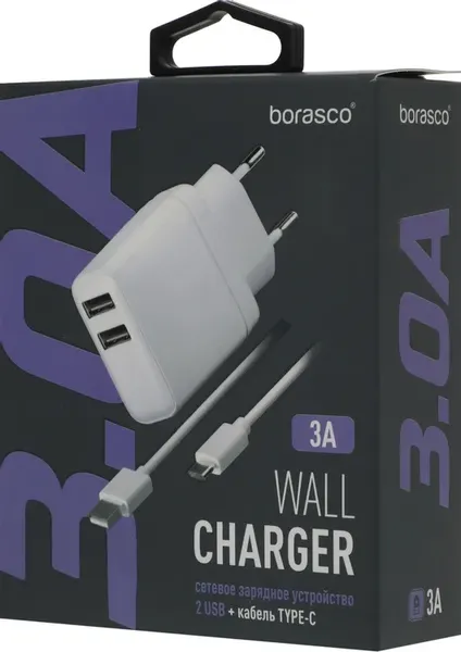 Изображение товара Зарядное устройство сетевое BoraSCO 2xUSB-A USB-C 15Вт 3A / 52580 (белый)