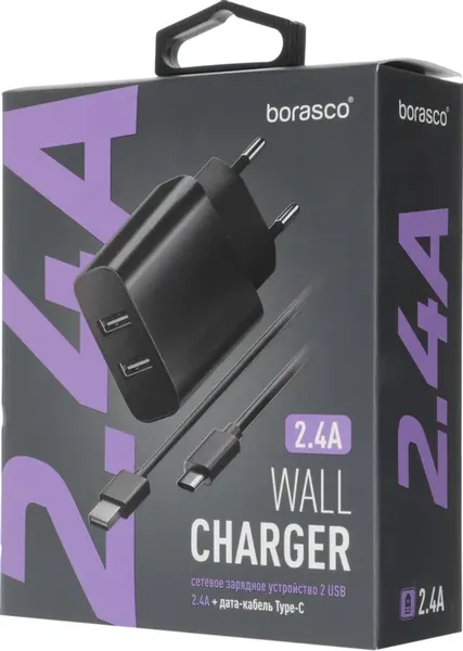 Изображение товара Зарядное устройство сетевое BoraSCO 2xUSB-A USB-C 2.4A / 37264 (черный)