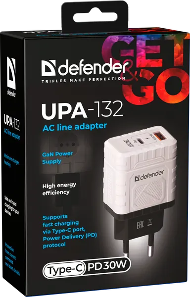 Изображение товара Адаптер питания сетевой Defender UPA-132 / 83230 (белый/серый)