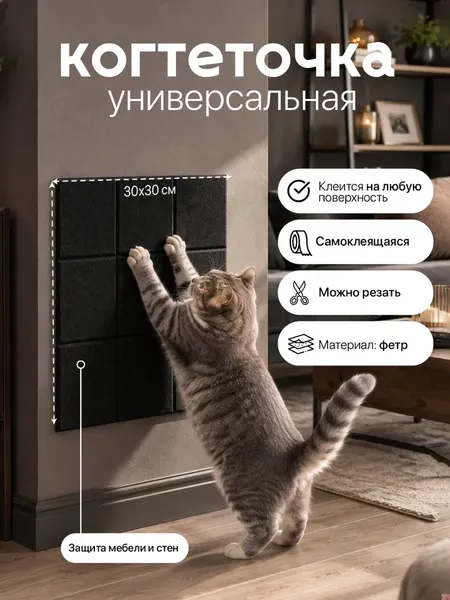 Изображение товара Когтеточка UG HOME Самоклеящаяся фетровая ФП.4-Ч (30x30см, 4шт, черный)