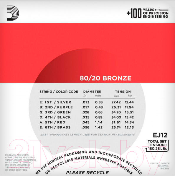 Изображение товара Струны для акустической гитары D'Addario EJ12
