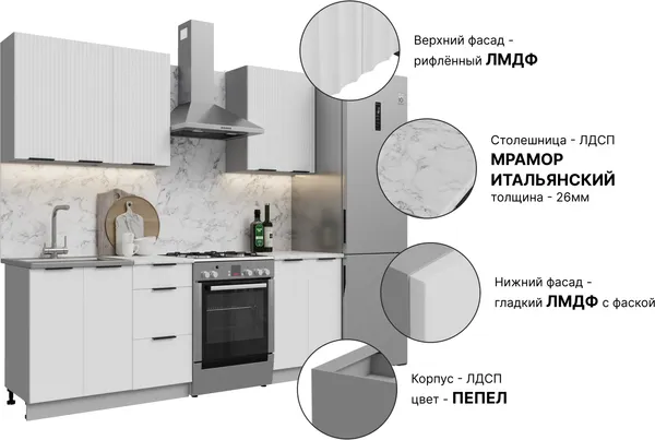 Изображение товара Кухонный гарнитур Кортекс-мебель Корнелия Марика 1.6  (белый софт/мрамор итальянский)