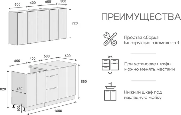 Изображение товара Кухонный гарнитур Кортекс-мебель Корнелия Марика 1.6  (белый софт/мрамор итальянский)