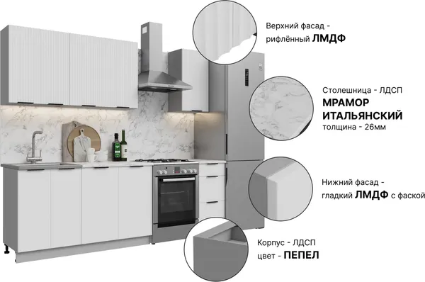 Изображение товара Кухонный гарнитур Кортекс-мебель Корнелия Марика 1.8 (белый софт/мрамор итальянский)