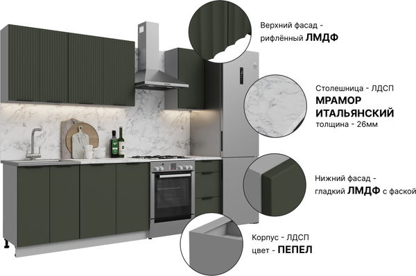 Изображение товара Кухонный гарнитур Кортекс-мебель Корнелия Марика 1.8 (зеленый софт/мрамор итальянский)