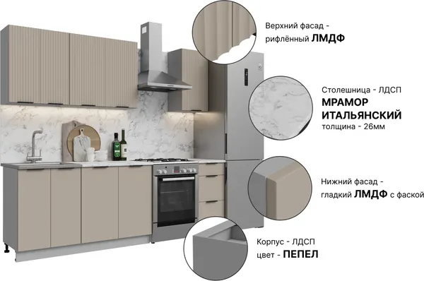 Изображение товара Кухонный гарнитур Кортекс-мебель Корнелия Марика 1.8  (капучино софт/мрамор итальянский)