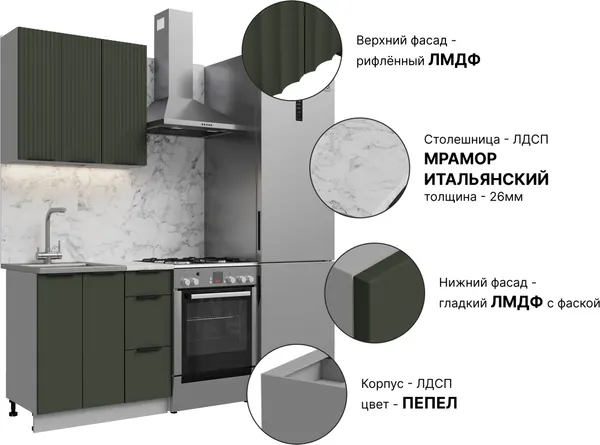 Изображение товара Кухонный гарнитур Кортекс-мебель Корнелия Марика 0.8 (зеленый софт/мрамор итальянский)