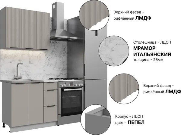 Изображение товара Кухонный гарнитур Кортекс-мебель Корнелия Марика 0.9 (персидский жемчуг/мрамор итальянский)