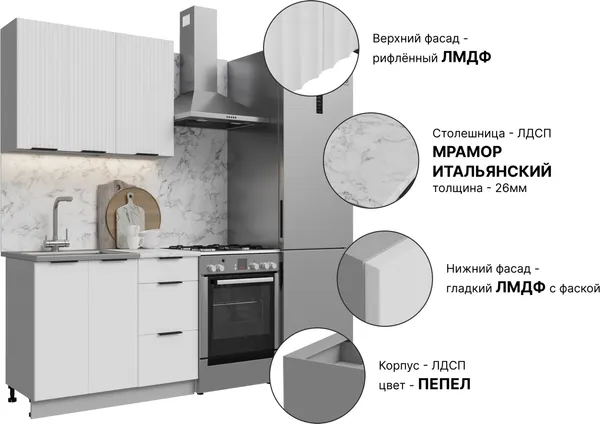 Изображение товара Кухонный гарнитур Кортекс-мебель Корнелия Марика 1.0 (белый софт/мрамор итальянский)