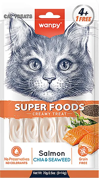 Изображение товара Лакомство для кошек Wanpy Cat Нежное пюре из лосося с семенами чиа и водорослями (70г)