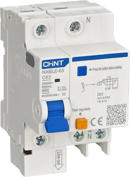 Изображение товара Дифференциальный автомат Chint NXBLE-63 1P+N 16А 30mA 6kA АС / 819932