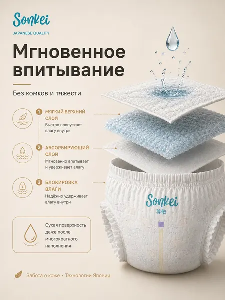 Изображение товара Подгузники-трусики детские SONKEI Premium М 5-10кг (56шт)