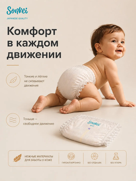 Изображение товара Подгузники детские SONKEI Super Thin S 4-8кг (64шт)