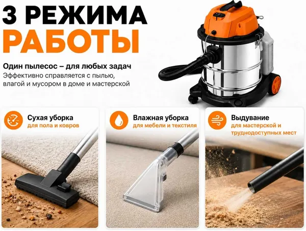 Изображение товара Профессиональный пылесос Вихрь МП-1600/20 (72/19/37)