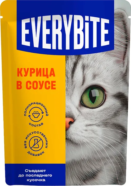 Изображение товара Влажный корм для кошек Everybite С курицей в соусе (75г)