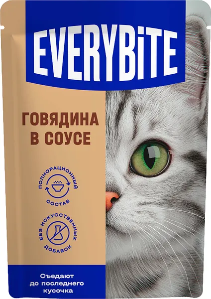 Изображение товара Влажный корм для кошек Everybite С говядиной в соусе (75г)