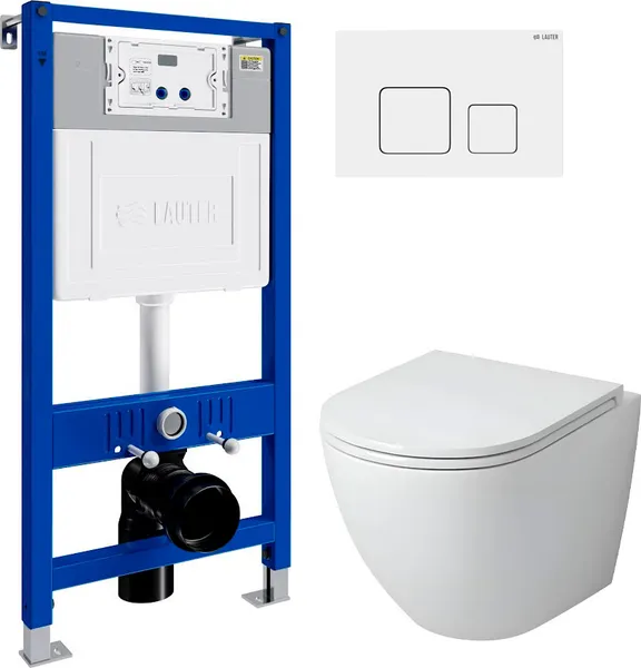 Изображение товара Унитаз подвесной с инсталляцией Grossman GR-4455SQ + Lauter 21901002 + Lauter 219702F (с сиденьем, белый)