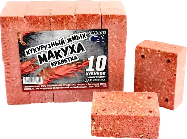 Изображение товара Прикормка рыболовная Три Кита Макуха кукуруза жмых с отверстием креветка (320г)